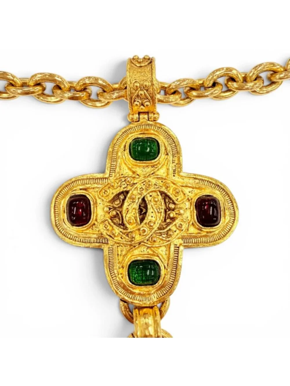Chanel Vintage CC Logo Gripoix Cross Fringe Long Necklace Gold French